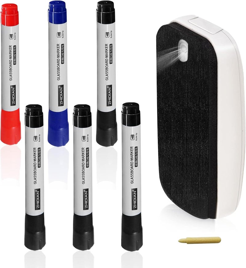ZHIDIAN Glass Whiteboard Markers, Spray Magnetic Eraser & 2-in-1 Reversible Dual Tip - Bullet & Fine Point, Erasable Liquid Dry Erase Pens (4 Black 1 Blue 1 Red) for Acrylic Window Mirrors - Image 1